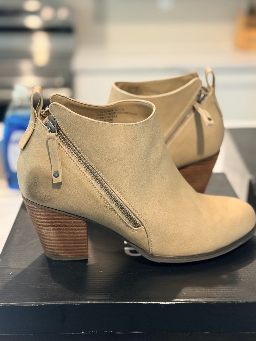 Women's Beige Leather Ankle Booties with Stacked Heel